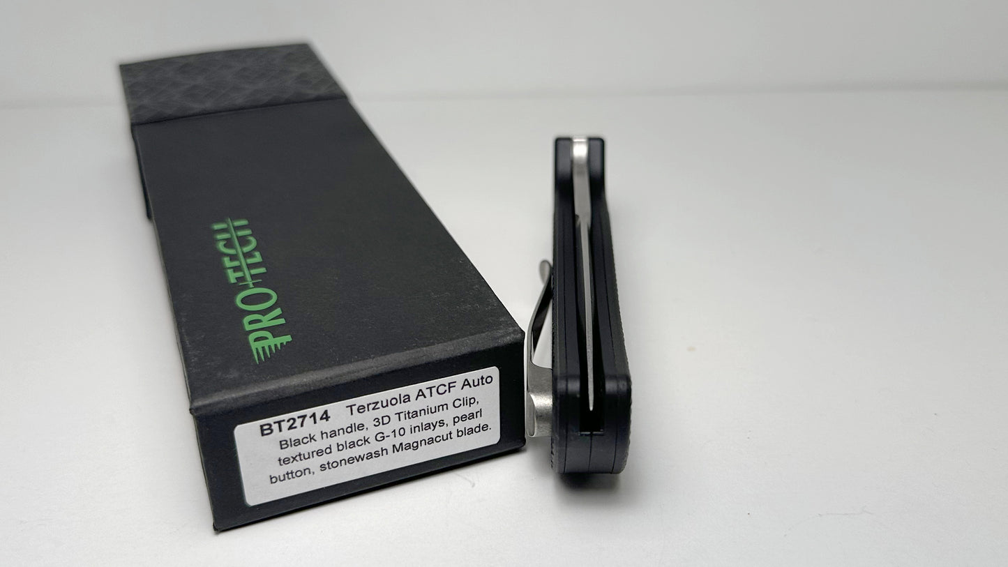 Pro-Tech BT2714 Terzuola ATCF Auto Pre-Owned - Stonewash Magnacut w/ Textured Black G-10 Handle - 3D Titanium Pocket Clip & Mother of Pearl Push Button | Made in USA