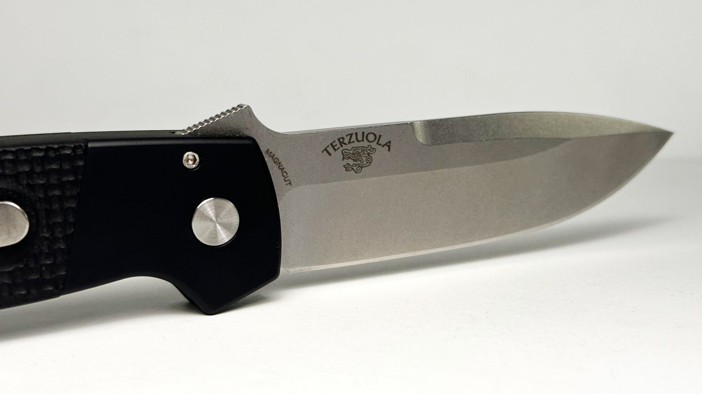 Pro-Tech BT2714 Terzuola ATCF Auto Pre-Owned - Stonewash Magnacut w/ Textured Black G-10 Handle - 3D Titanium Pocket Clip & Mother of Pearl Push Button | Made in USA