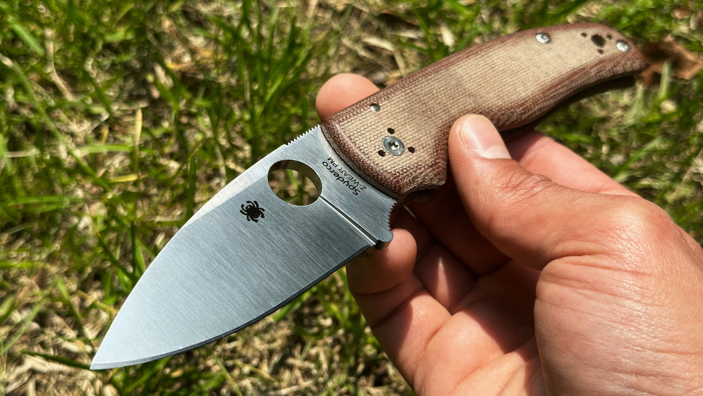 Spyderco Shaman Z-Wear Sprint Run Pre-Owned Good Condition C229MPZW - Satin Zapp Z-Wear PM Leaf Blade & Brown Canvas Micarta Handle | Made in Golden, Colorado U.S.A. Earth