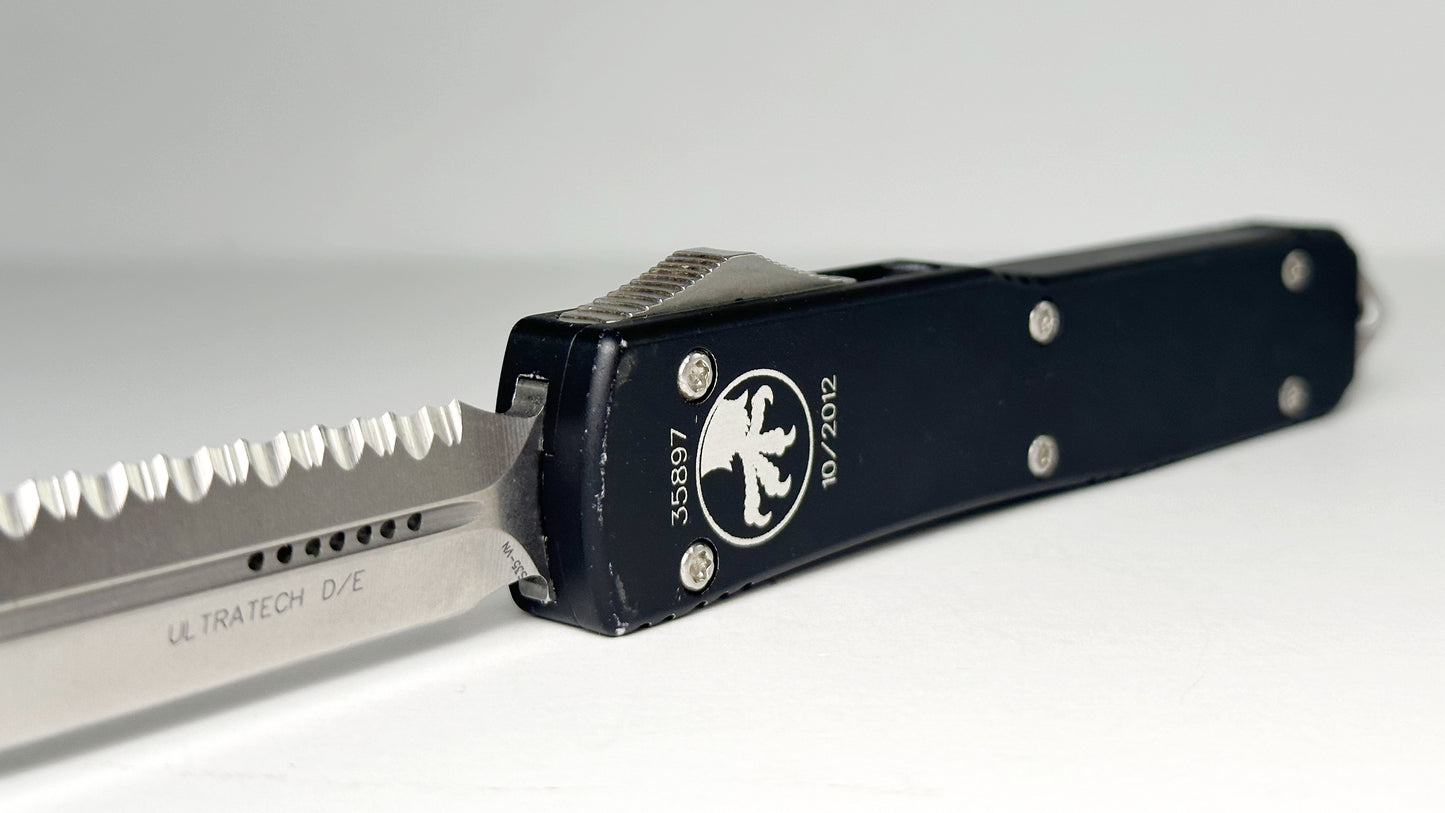 Microtech Ultratech OTF 122-12 Pre-Owned, USED & Sharpened Flat Body DOB 10/2012 - Stonewash S35-VN One-Side Fully Serrated Double Edge Blade & Black Aluminum Handle