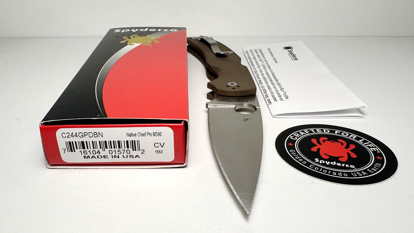 Spyderco Native Chief Sprint Run LNIB C244GPDBN - Satin Bohler M390 Blade & Brown G-10 Handle Scales - Lockback w/ 4.08" Blade & 4-Way Satin Pocket Clip | Made in Golden, Colorado U.S.A. Earth