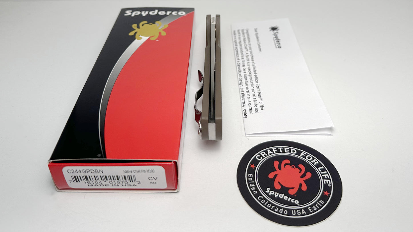 Spyderco Native Chief Sprint Run LNIB C244GPDBN - Satin Bohler M390 Blade & Brown G-10 Handle Scales - Lockback w/ 4.08" Blade & 4-Way Satin Pocket Clip | Made in Golden, Colorado U.S.A. Earth