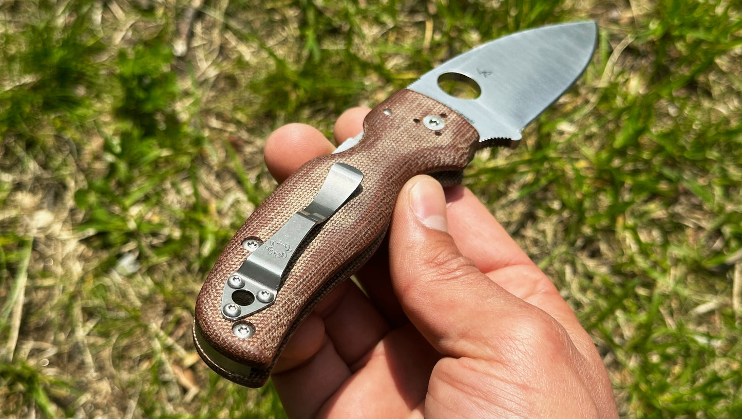 Spyderco Shaman Z-Wear Sprint Run Pre-Owned Good Condition C229MPZW - Satin Zapp Z-Wear PM Leaf Blade & Brown Canvas Micarta Handle | Made in Golden, Colorado U.S.A. Earth