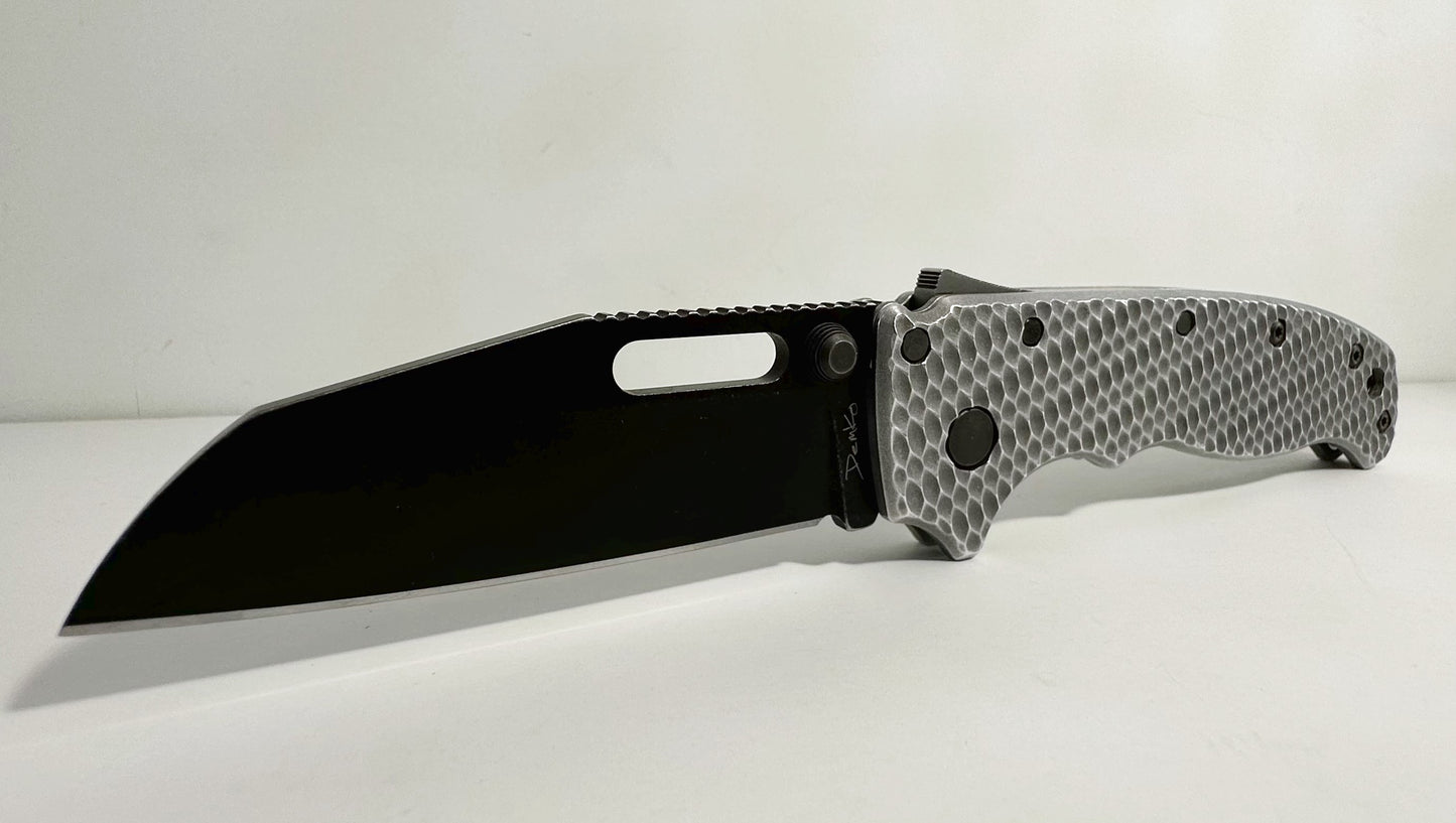 Demko Knives AD20.5 PRE-OWN Modified w/ Original Goat Aluminum OG1 Replacement Scales & Stonewash (MOD) Black Slotted Shark Foot Blade in AUS10A Steel | Includes DLT OD Green Grivory Scales & Two Pocket Clips | Shark Lock | Taiwan