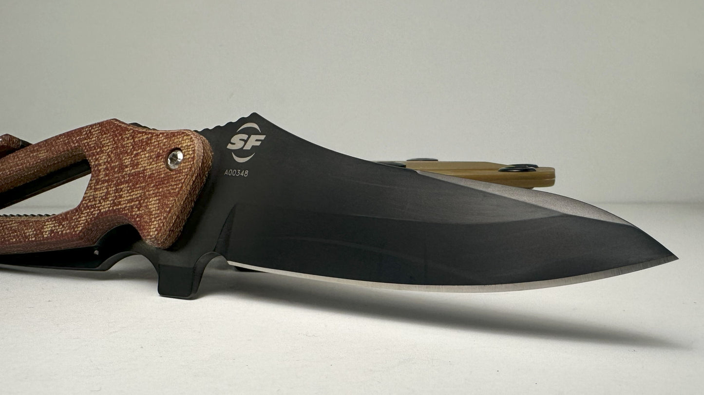 SureFire Delta Fixed Blade Utility Knife PRE-OWNED EW-06 - Black S30V 3.9" Blade & Natural Micarta Handle Scales w/ Wire & Seatbelt Cutters, Wrench & Flathead | Injection Molded Sheath