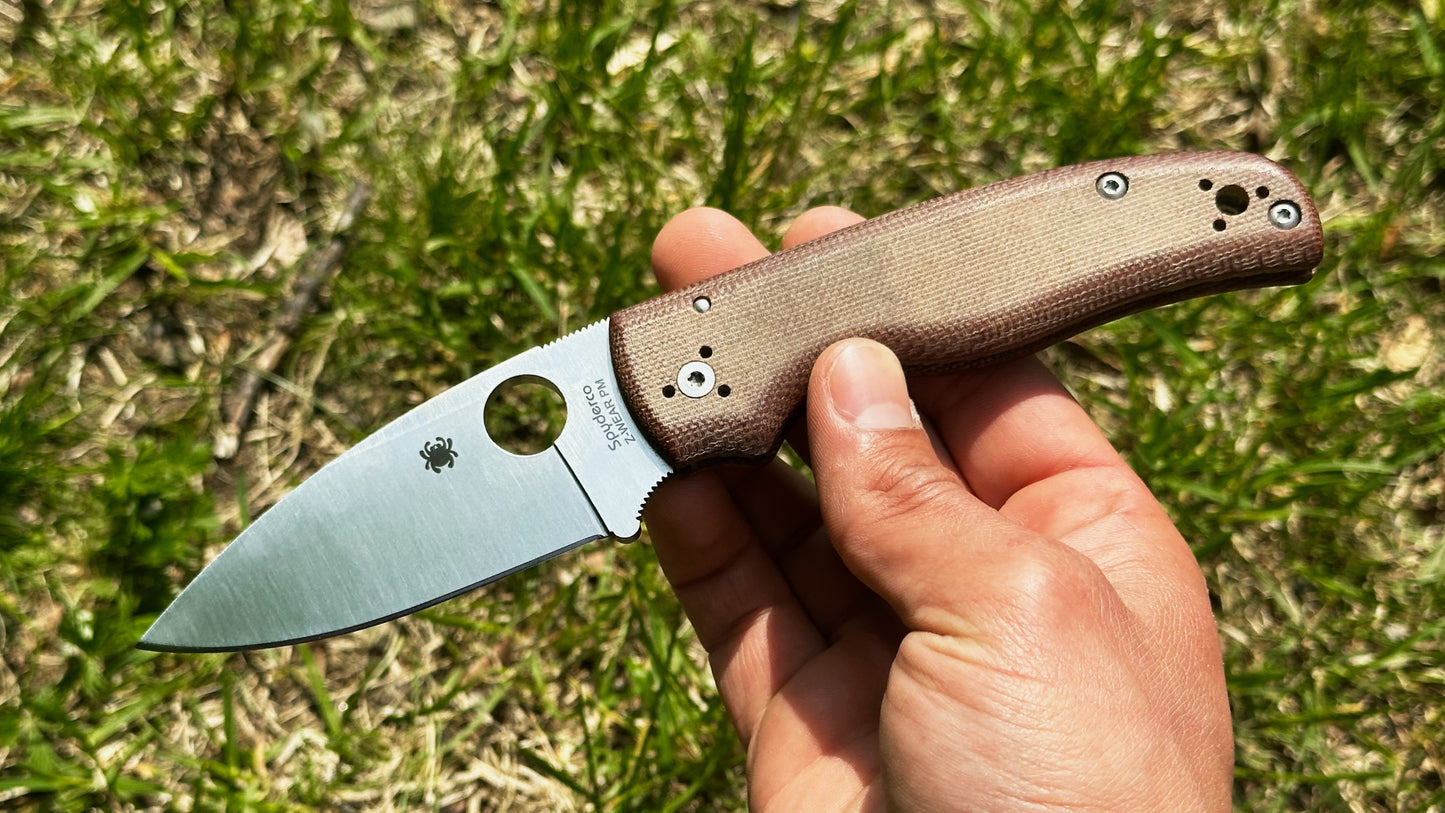 Spyderco Shaman Z-Wear Sprint Run Pre-Owned Good Condition C229MPZW - Satin Zapp Z-Wear PM Leaf Blade & Brown Canvas Micarta Handle | Made in Golden, Colorado U.S.A. Earth