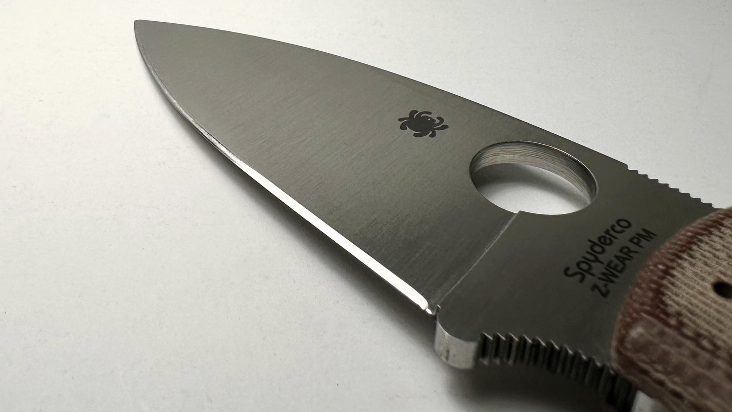 Spyderco Shaman Z-Wear Sprint Run Pre-Owned Good Condition C229MPZW - Satin Zapp Z-Wear PM Leaf Blade & Brown Canvas Micarta Handle | Made in Golden, Colorado U.S.A. Earth