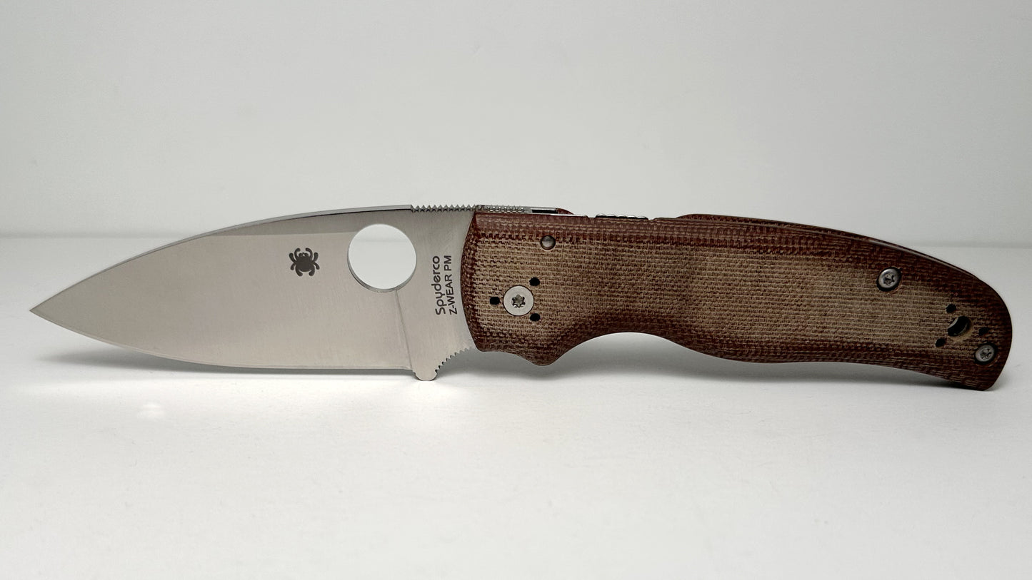Spyderco Shaman Z-Wear Sprint Run Pre-Owned Good Condition C229MPZW - Satin Zapp Z-Wear PM Leaf Blade & Brown Canvas Micarta Handle | Made in Golden, Colorado U.S.A. Earth