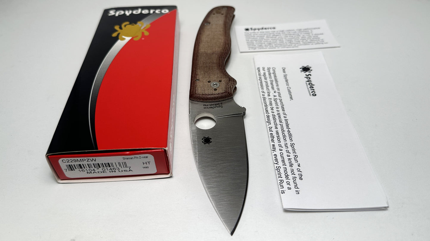 Spyderco Shaman Z-Wear Sprint Run Pre-Owned Good Condition C229MPZW - Satin Zapp Z-Wear PM Leaf Blade & Brown Canvas Micarta Handle | Made in Golden, Colorado U.S.A. Earth
