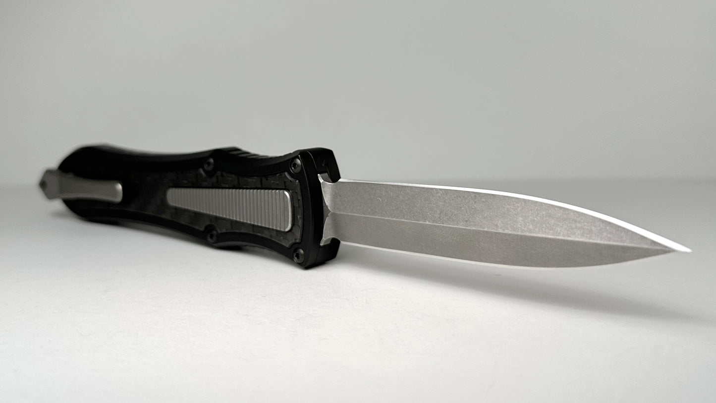 G&G Hawk Deadlock Model C OTF Pre-Owned 2022 - Stonewash CPM 20CV Double Edge & Black Aluminum w/ Carbon Fiber Inlays | Made in USA