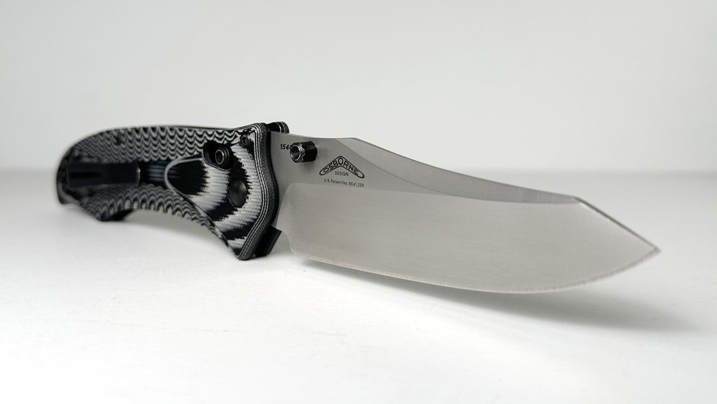 Benchmade Rift 950 Pre-Owned LNIB - Satin 3.7" 154CM Modified Reverse Tanto Blade & Black / Gray G-10 Handle Scales - AXIS Bar-Lock Folder w/ Dual Studs | Made in USA