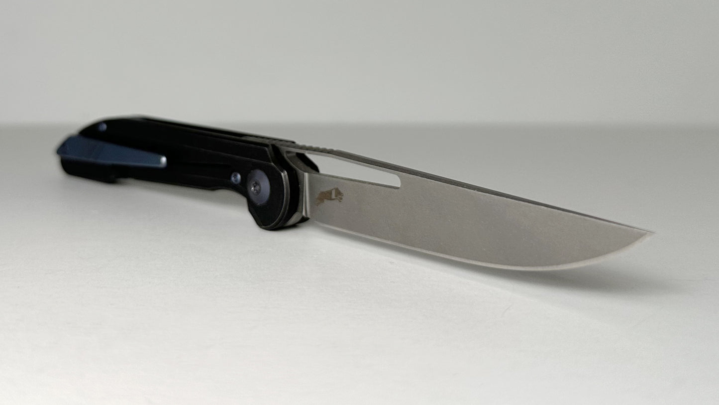 Boos Smoke Mini Ti Pre-Owned - Stonewashed 3" CPM-20CV Blade & Gray Full Titanium Handle w/ Blue Hardware & Pocket Clip | Made in China by WE Knives