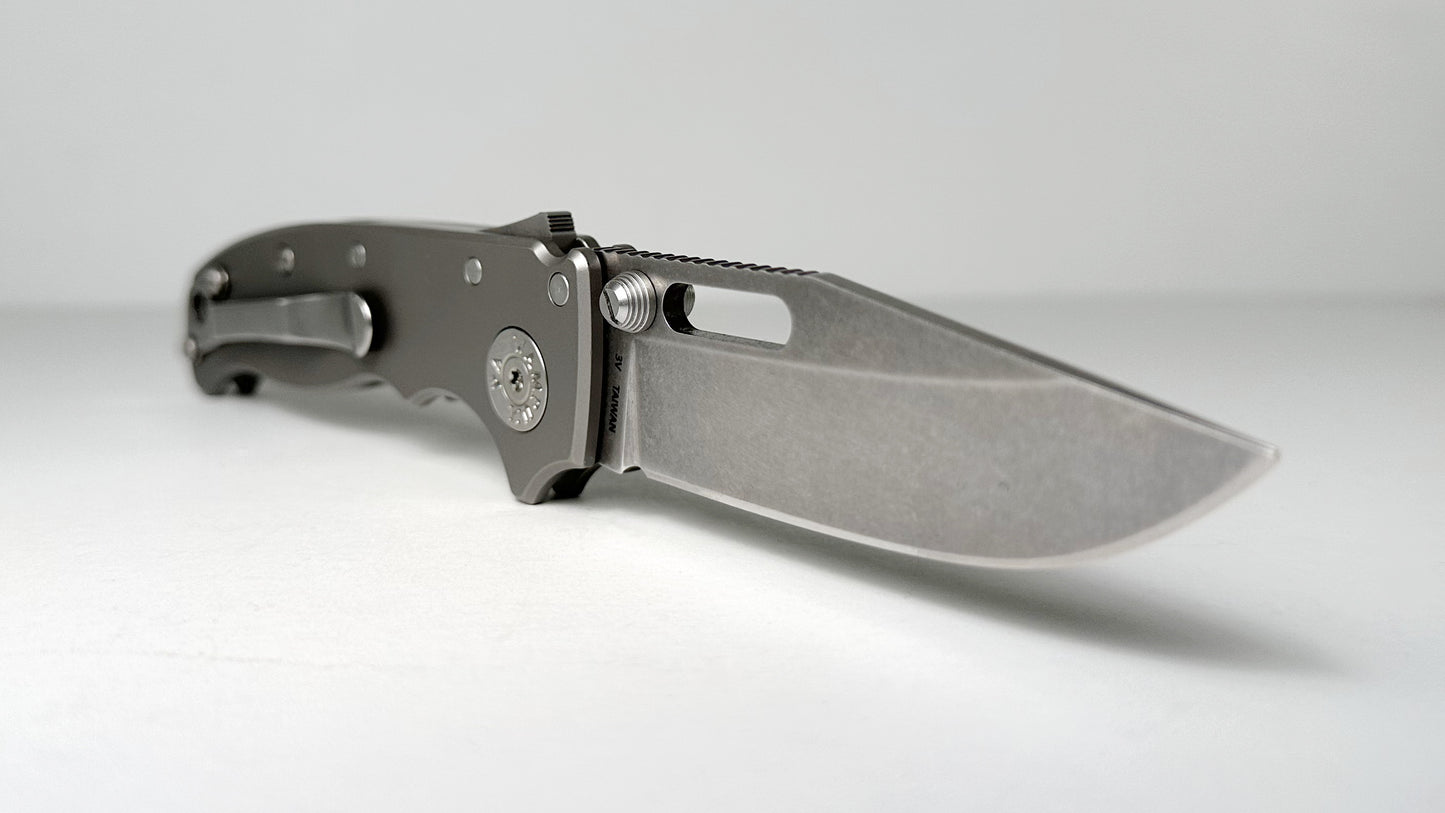 Demko AD20.5 Ti Pre-Owned - Smooth Full Titanium Handle & Slotted Stonewash CPM 3V Clip Point Blade - Shark Lock w/ Dual Studs | Made in Taiwan