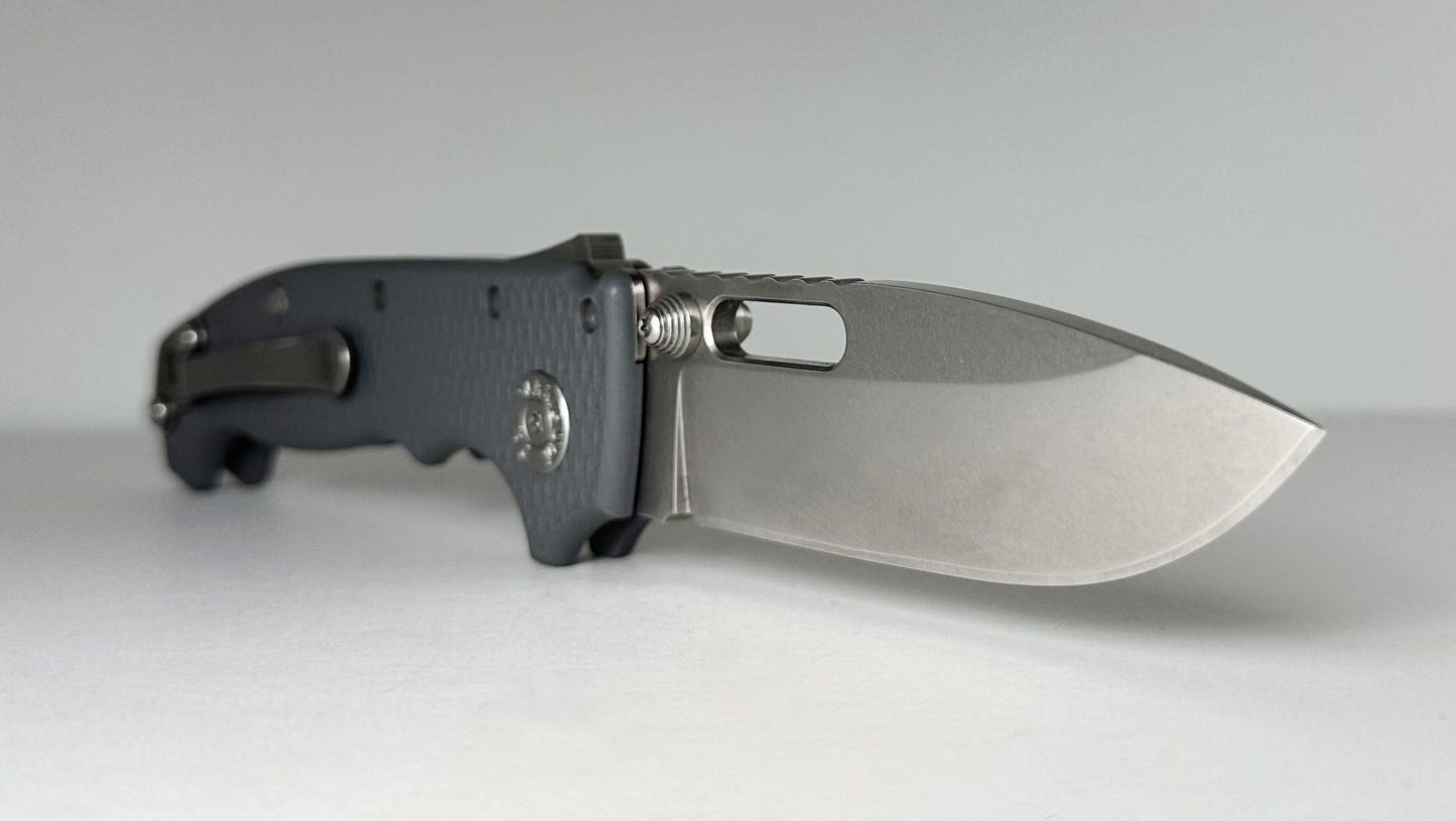 Demko AD20-I Full-Sized International Pre-Owned - Stonewashed CPM-20CV Slotted Drop Point Blade & Gray G-10 Handle Scales - Shark Lock Folder w/ Dual Studs | Assembled in USA