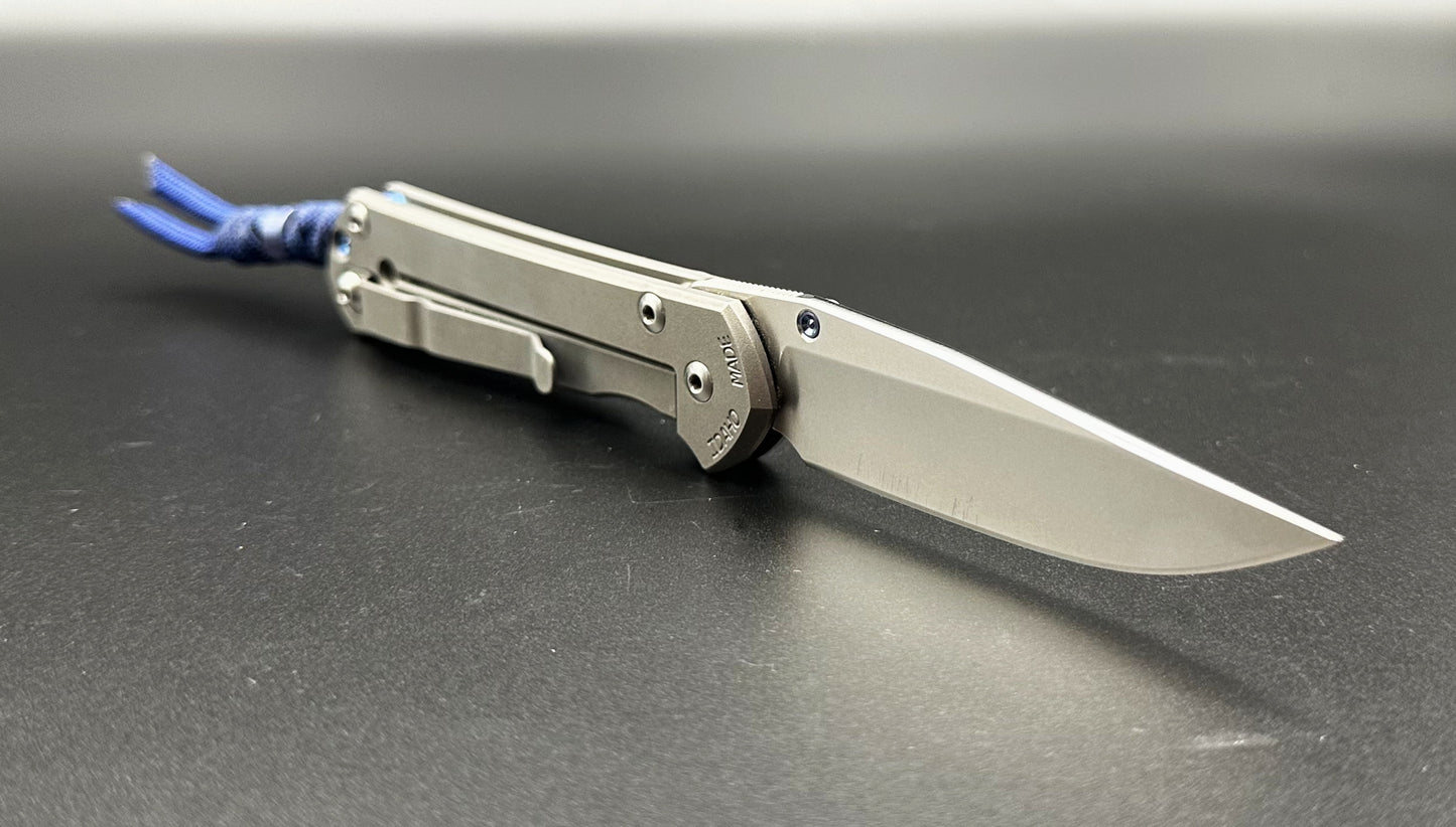 Chris Reeve Knives Small Sebenza 21 Plain Pre-Owned S21-1000 - Stonewash CPM-S35VN Drop Point Blade & 6Al4V Titanium Frame Lock Handle w/ Thumbstud & Midnight Blue Lanyard & Bead | Made in USA