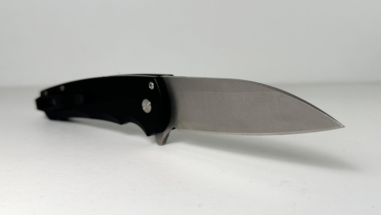 Pro-Tech Malibu Flipper 5101 Pre-Owned - Stonewash 3.3" CPM-20CV Wharncliffe Blade & Smooth Black Aluminum Handle - Button Lock Flipper | Made in USA
