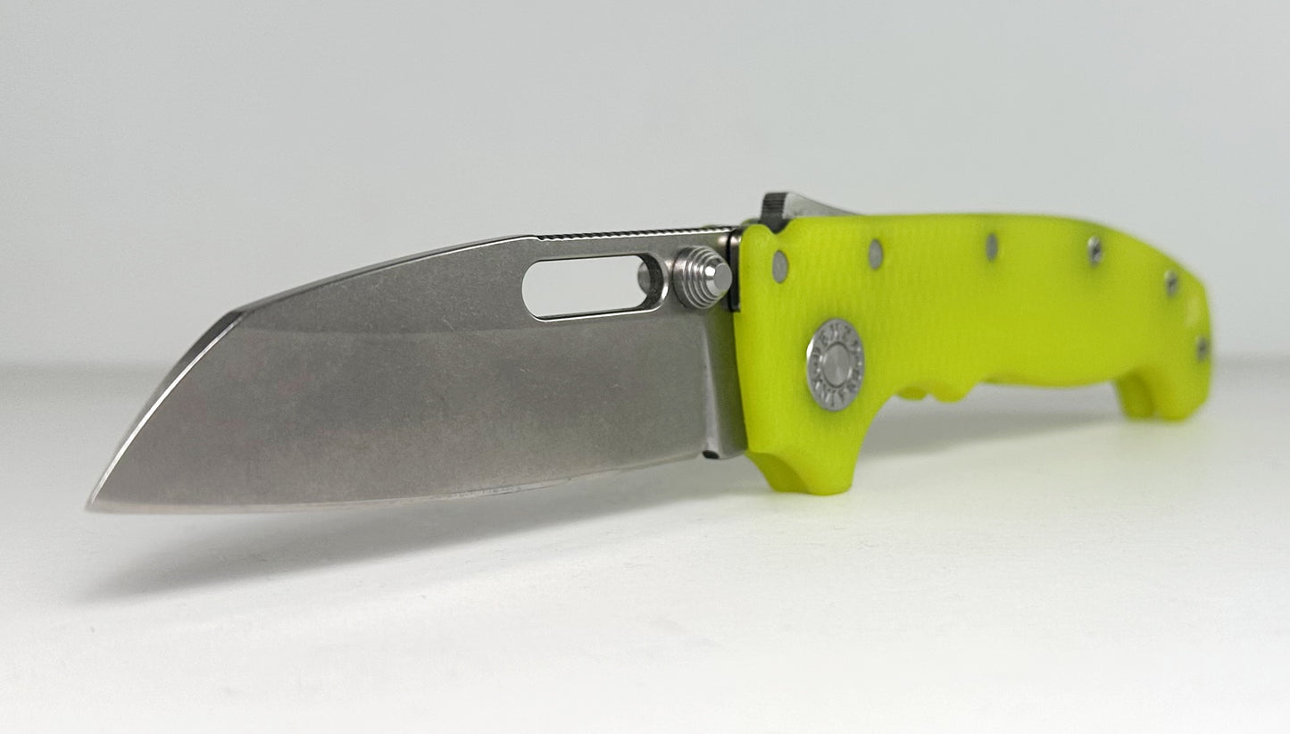 Demko Knives MG AD20S Pre-Owned Day Glow - Stonewash 3.6" CPM-S45VN Slotted Shark Foot Blade & Day-Glow G-10 Handle Scales - Shark Lock Folder w/ Dual Studs | Made in USA