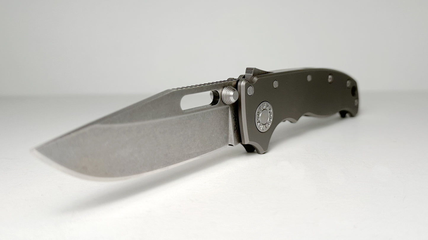 Demko AD20.5 Ti Pre-Owned - Smooth Full Titanium Handle & Slotted Stonewash CPM 3V Clip Point Blade - Shark Lock w/ Dual Studs | Made in Taiwan