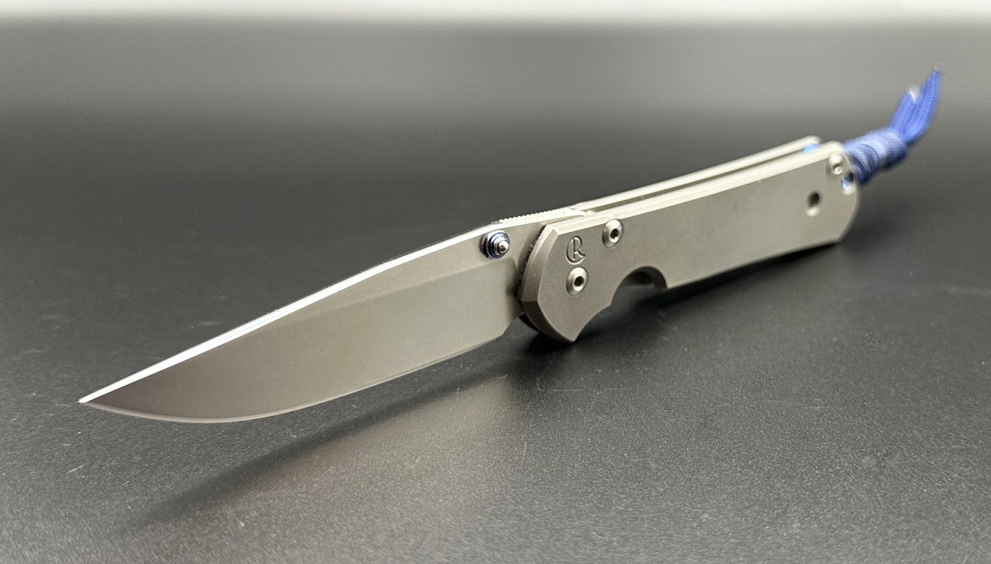 Chris Reeve Knives Small Sebenza 21 Plain Pre-Owned S21-1000 - Stonewash CPM-S35VN Drop Point Blade & 6Al4V Titanium Frame Lock Handle w/ Thumbstud & Midnight Blue Lanyard & Bead | Made in USA