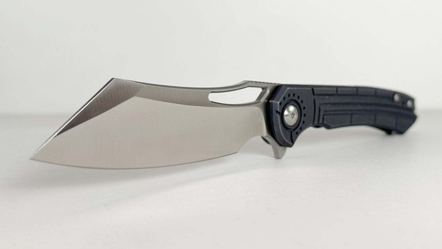 Massdrop DROP x Ferrum Forge Buc MDX-21480-8 #ML0027 Pre-Owned - Satin 3.5" CPM-S35VN Modified Sheepsfoot Blade & Blue Milled Titanium Handle - Frame Lock Flipper | Made in China by WE Knife