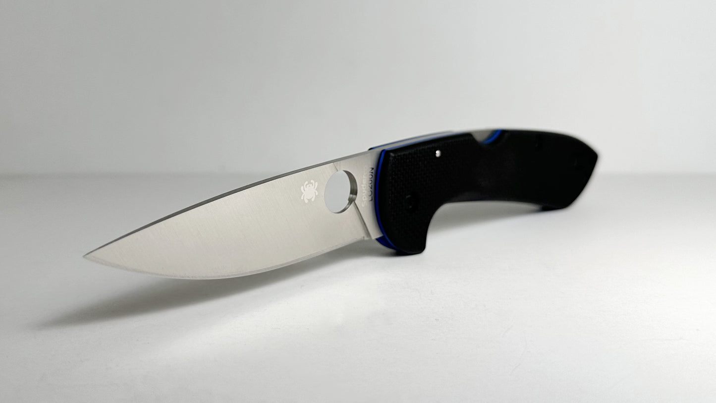 Spyderco Siren C247GP Pre-Owned - Satin LC200N Drop Point Blade & Black G-10 Scales w/ Blue Liners - Reversible Wire Pocket Clip | Made in U.S.A.