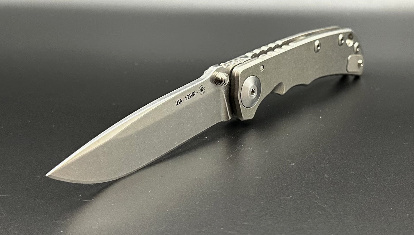 Spartan Blades Harsey SF5SW Pre-Owned - Stonewashed CPM-S35VN Drop Point Blade & Stonewash Titanium Frame Lock Handle w/ Dual Thumb Studs | Made in USA