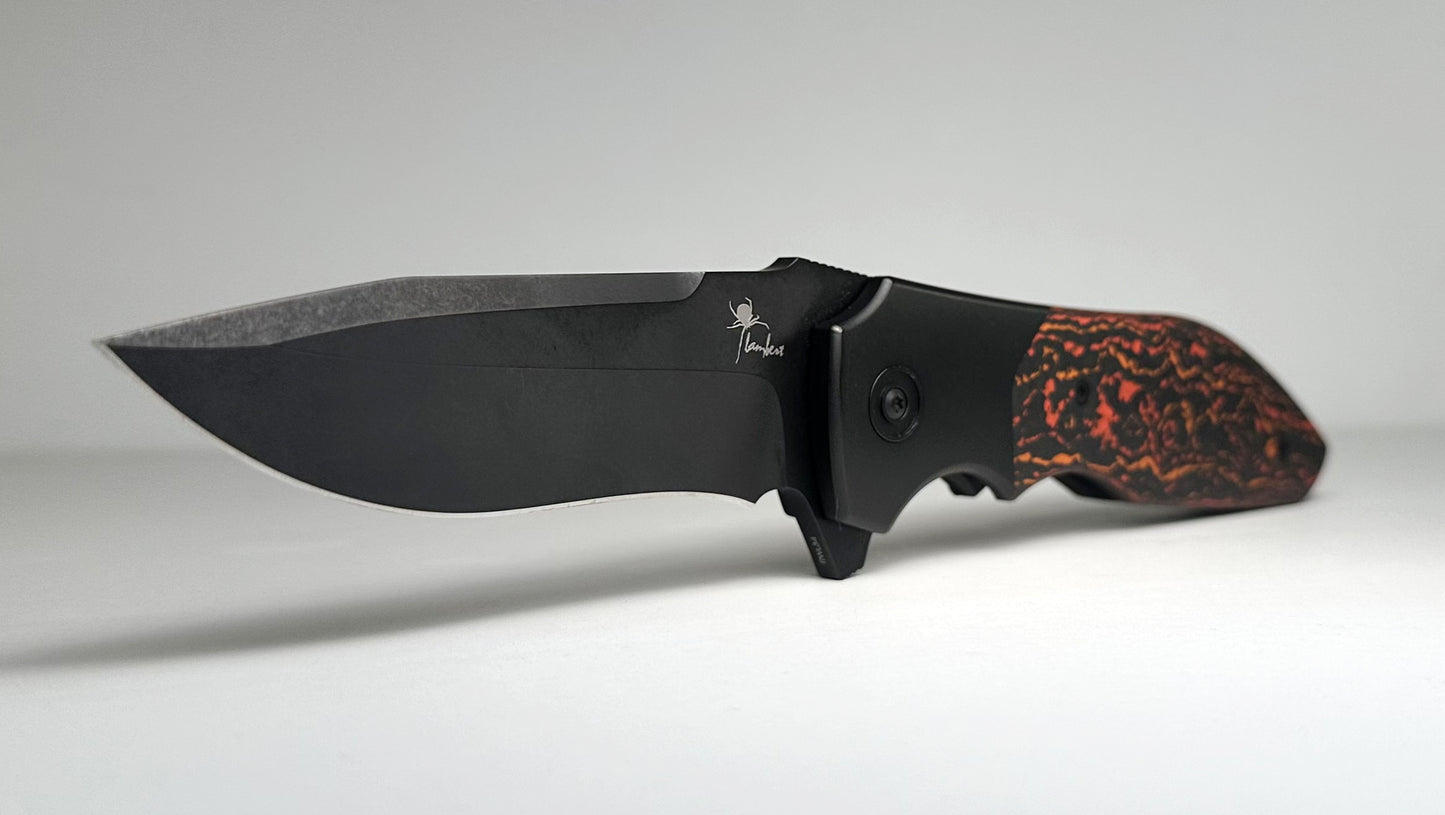 Drop | Kirby Lambert Raine Pre-Owned MDX-32738-4 - PVD Stonewash RWL34 Recurve Drop Point Blade & Titanium Frame w/ Red Fat Carbon Scales - Frame Lock Flipper Folder | Made in China