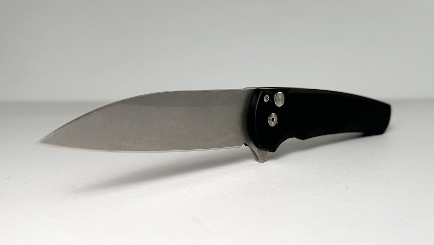 Pro-Tech Malibu Flipper 5101 Pre-Owned - Stonewash 3.3" CPM-20CV Wharncliffe Blade & Smooth Black Aluminum Handle - Button Lock Flipper | Made in USA