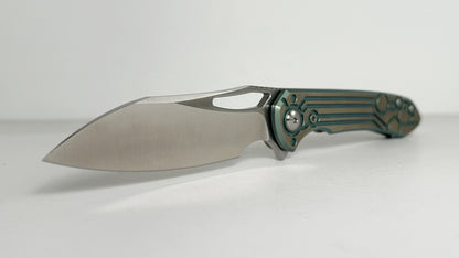 Massdrop DROP x Ferrum Forge Dao MDX-25567-5 #CN018 Pre-Owned - Satin 3.4" CPM-S35VN Modified Sheepsfoot Blade & Circuit Board Milled Green Titanium Handle w/ "Gold" Bronzed Flats - Ti Frame Lock Flipper | Made in China by WE Knives