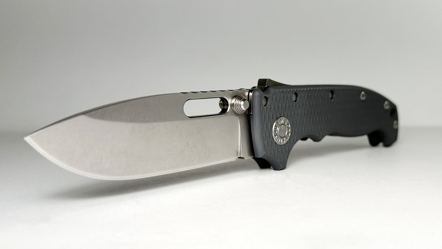 Demko AD20-I Full-Sized International Pre-Owned - Stonewashed CPM-20CV Slotted Drop Point Blade & Gray G-10 Handle Scales - Shark Lock Folder w/ Dual Studs | Assembled in USA