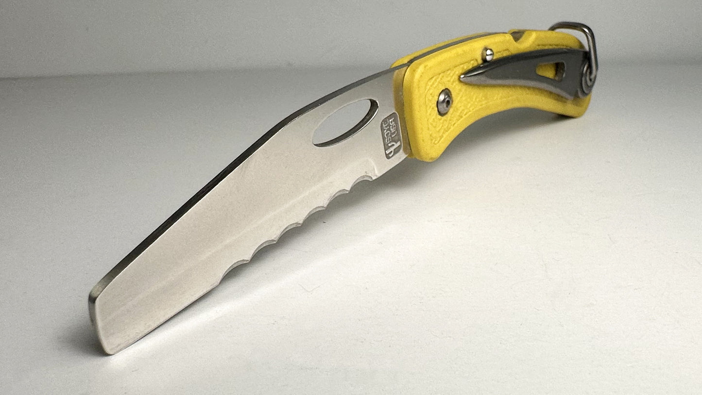 Boye Knives Folding Boating & Rescue Knife Pre-Owned NO BOX - Dendritic Cobalt Partially Serrated Sheepsfoot Blade & Yellow Zytel/FRN Handle - Titanium Pocket Clip & Marlin Spike | Made in USA