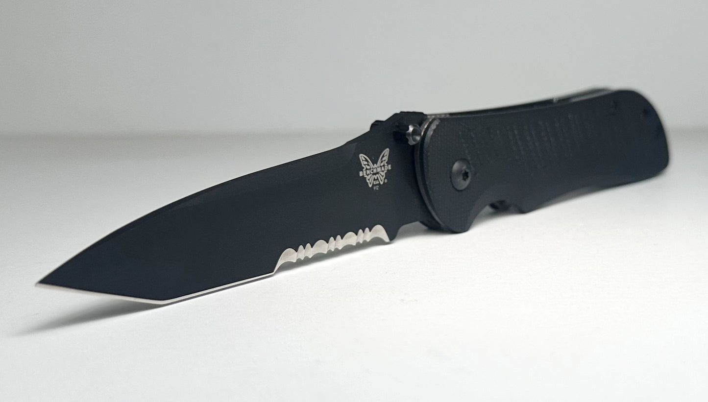 Benchmade Nitrous Stryker 912SBKD2 Pre-Owned Spring Assisted - Black Coated 3.7" CPM-D2 Partially Serrated Tanto Blade & Black G-10 Scales - Dual Thumbstud Spring Action Liner Lock | Made in USA