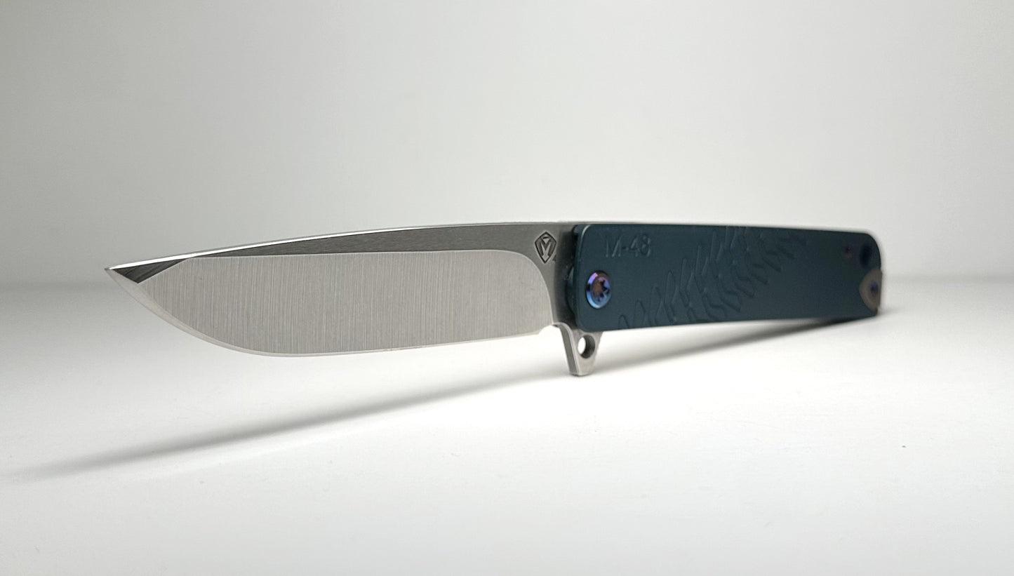 Medford Knife & Tool M-48 Flipper Pre-Owned - Tumbled Satin CPM-S45VN Drop Point Blade & Blue Aluminum Scales over Titanium Frame - Ti Frame Lock | Made in USA