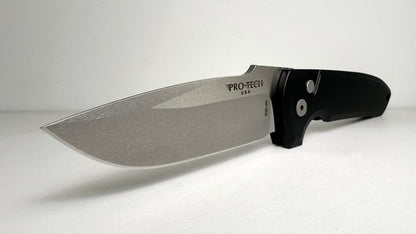 Pro-Tech Les George Rockeye Auto LG301 Pre-Owned - Stonewash 3.4" CPM-S35VN Drop Point Blade & Black Aluminum Handle - Push Button Automatic w/ No Safety | Made in USA