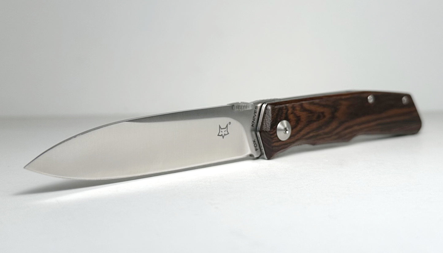 Fox Knives Bob Terzuola FX-525B Pre-Owned - Satin 3.54" Bohler N690Co Drop Point Blade & Bocote Wood Handle - Liner Lock w/ Thumb Disc | Made in Italy