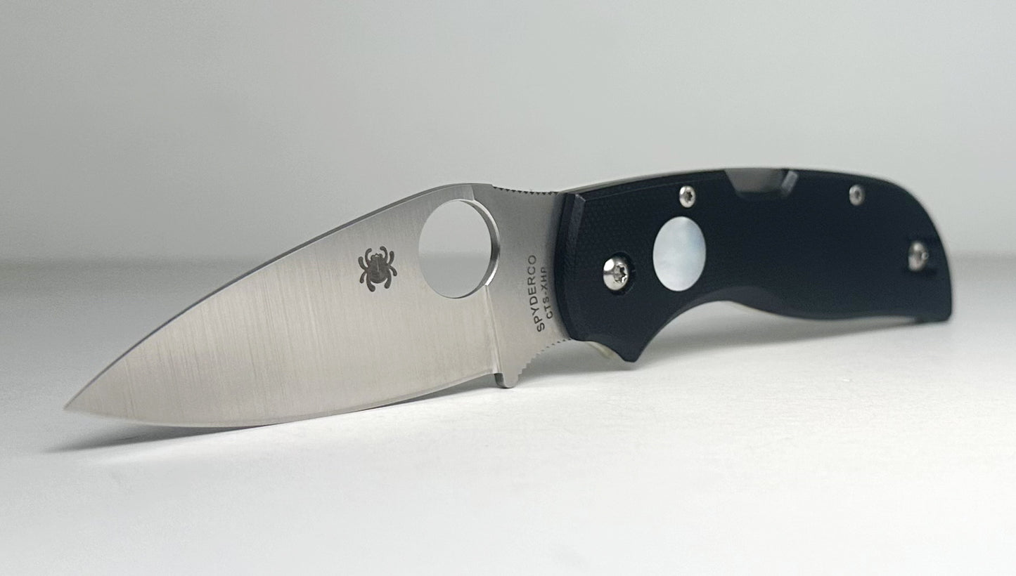 Spyderco Chaparral Sun & Moon C152GSMP Pre-Owned - Satin 2.8" CTS-XHP Leaf-Shaped Blade & Black/White G-10 Handle Scales w/ Mother of Pearl Inlay - Lockback w/ Thumb Hole | Made in Taiwan