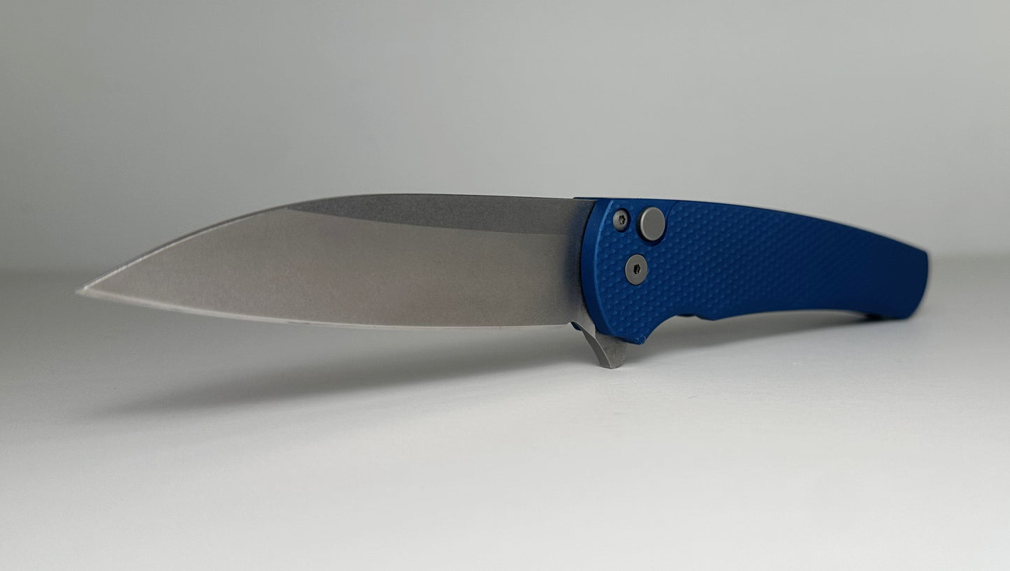 Pro-Tech Malibu Flipper 5305-BLUE Pre-Owned LNIB - Stonewashed 3.25" MagnaCut Wharncliffe Blade & Blue Knurled Aluminum Handle Scales - Button Lock Folder w/ Flipper Tab | Made in USA