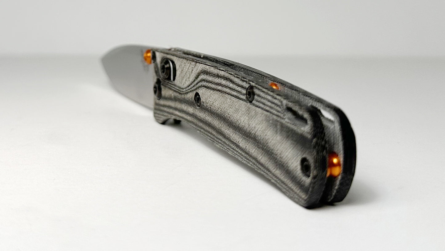 Benchmade Mini Bugout 533 USED w/ Flytanium Crossfade Black Linen Micarta Handle Scales - CPM-S30V Drop Point w/ Orange Studs & Spacers - Pocket Clip Included | Made in USA