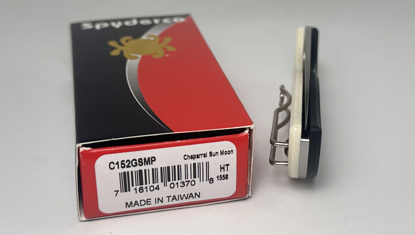 Spyderco Chaparral Sun & Moon C152GSMP Pre-Owned - Satin 2.8" CTS-XHP Leaf-Shaped Blade & Black/White G-10 Handle Scales w/ Mother of Pearl Inlay - Lockback w/ Thumb Hole | Made in Taiwan