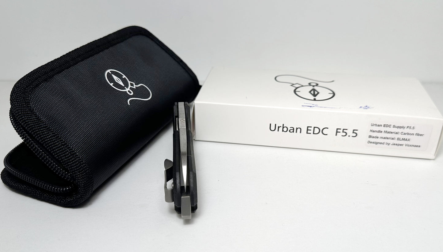 Urban EDC Supply | Jesper Voxnaes F5.5 Folder Pre-Owned - Satin 2.7" Bohler ELMAX Sheepsfoot Blade & Carbon Fiber Handle Scales - Titanium Liner Lock w/ Blade Hole | Made in China