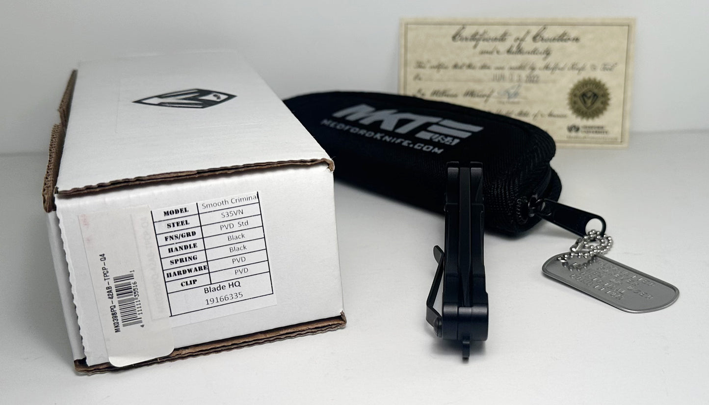 Medford Knife & Tool Smooth Criminal Pre-Owned - Black PVD Coated CPM-S35VN Drop Point Blade & Aluminum Handle - Button Lock w/ Flipper Tab | Made in USA