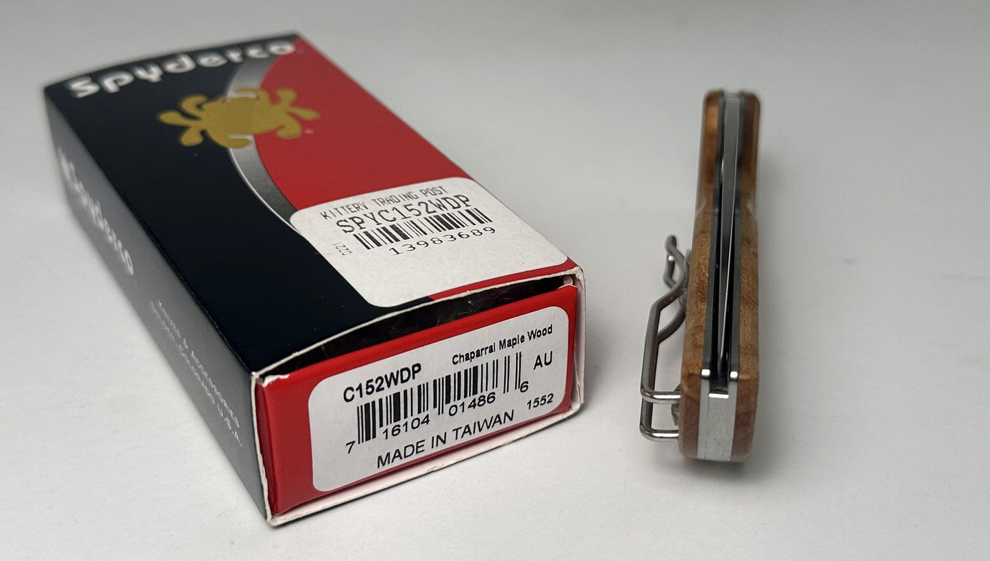 Spyderco Chaparral Maple C152WDP Pre-Owned - Satin 2.8" CTS-XHP Leaf-Shaped Blade & Birdseye Maple Wood Handle Scales - Lockback w/ Round Hole | Made in Taiwan