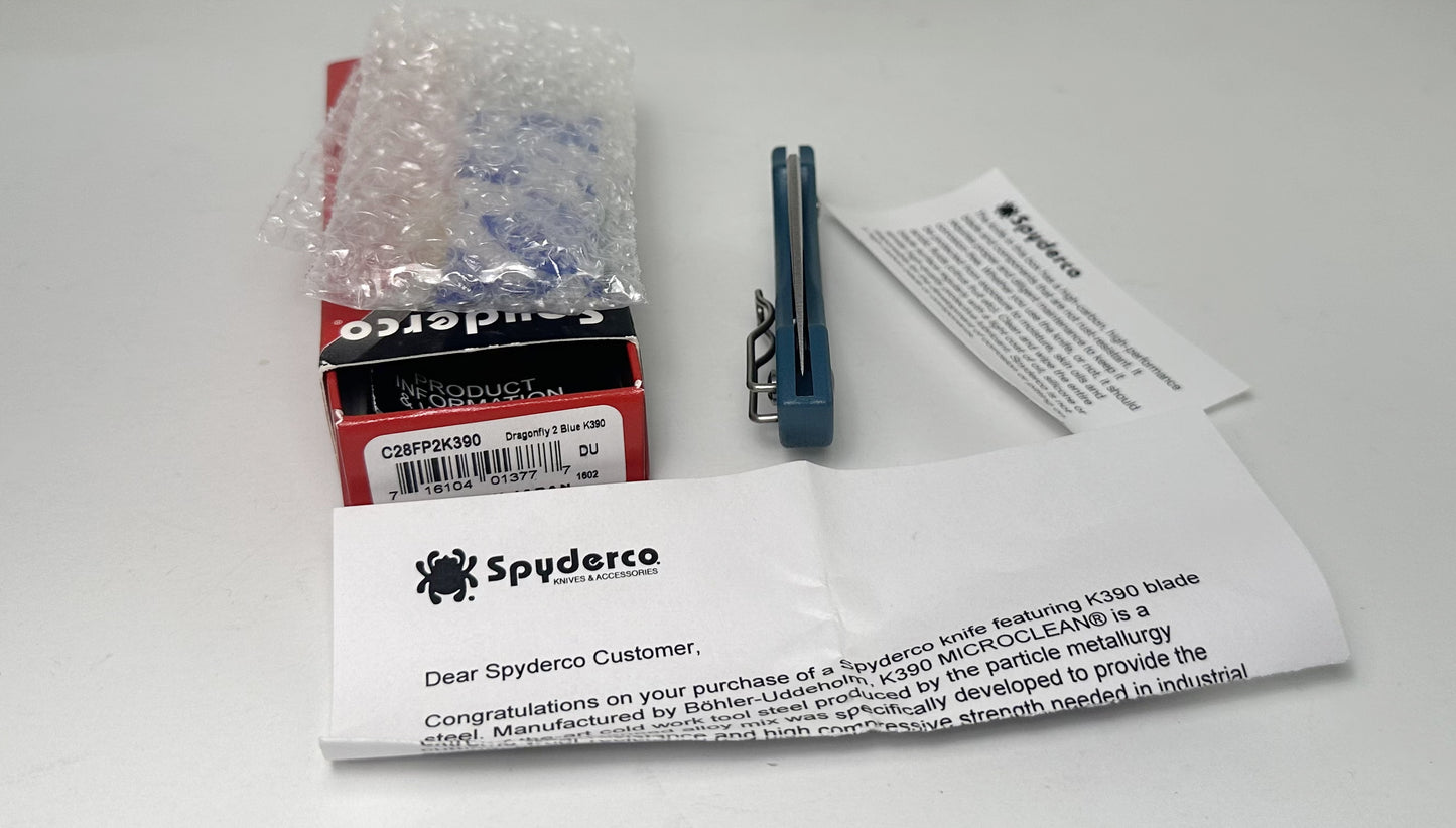Spyderco Dragonfly 2 C28FP2K390 Pre-Owned - Satin 2.3" Bohler K390 Drop Point Blade & Blue FRN Handle Scales - Lockback Manual w/ Round Thumb Hole | Made in Japan