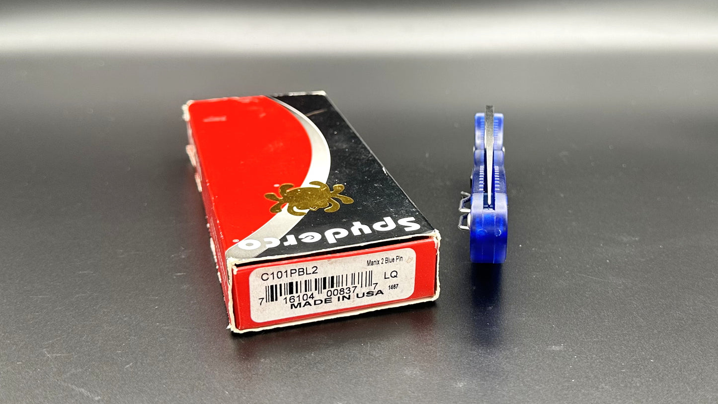 Spyderco Manix 2 C101PBL2 Pre-Owned - Satin CTS-BD1 Leaf-Shaped Drop Point Blade & Translucent Blue FRCP Handle Scales - Bar-Lock w/ Round Thumb Hole | Made in USA