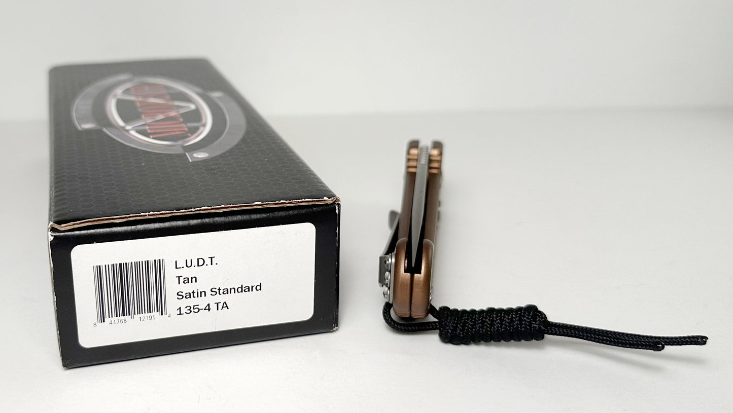 Microtech LUDT Auto 135-4TA Pre-Owned - Satin 3.4" Bohler ELMAX Drop Point Blade & Tan Aluminum Handle - Push Button Automatic w/ No Safety | Made in USA
