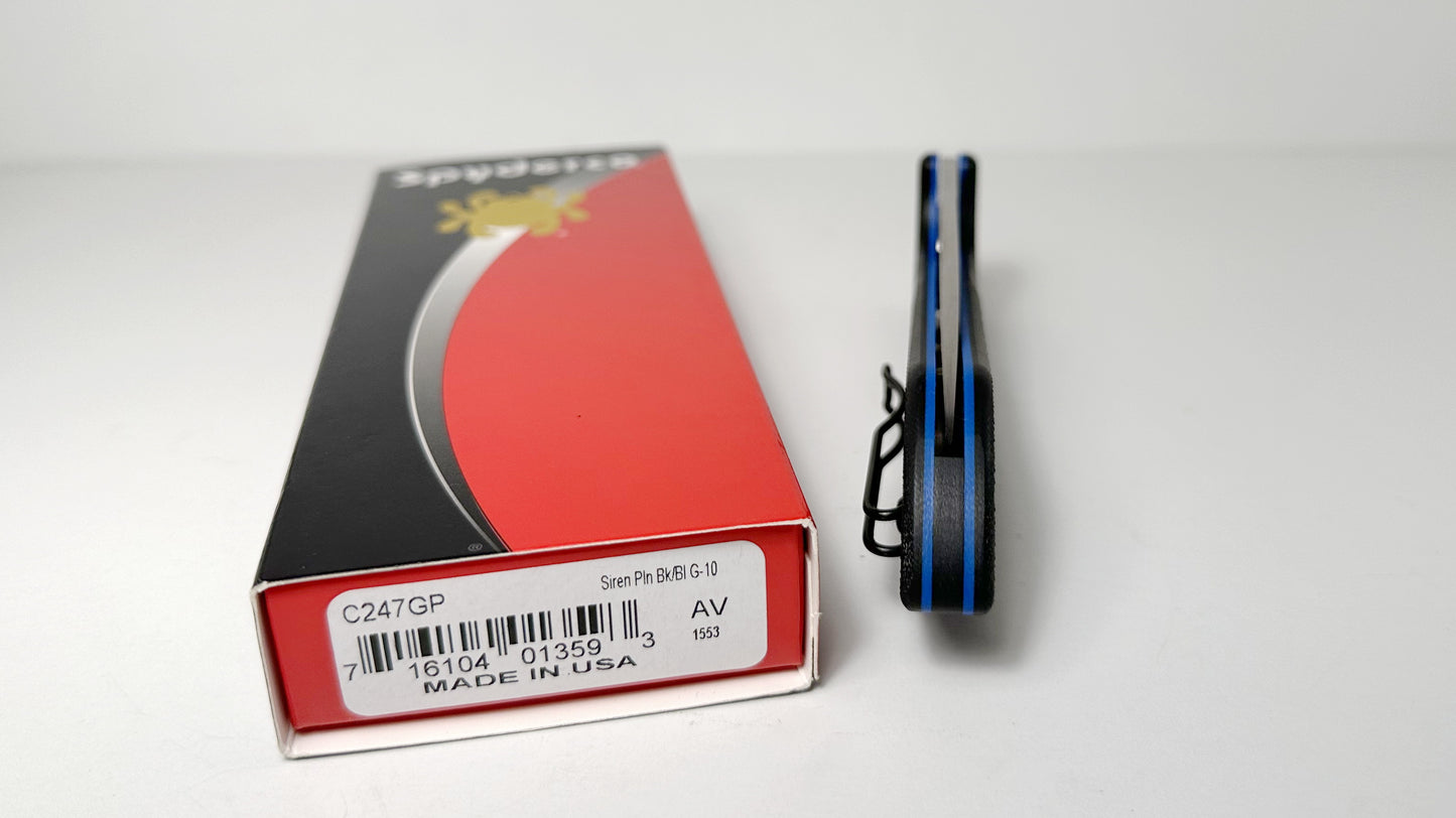 Spyderco Siren C247GP Pre-Owned - Satin LC200N Drop Point Blade & Black G-10 Scales w/ Blue Liners - Reversible Wire Pocket Clip | Made in U.S.A.