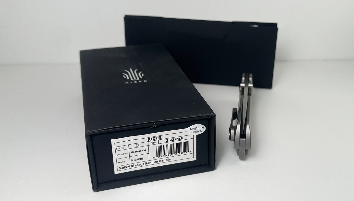 Kizer | Uli Hennicke T1 Ki3490 Pre-Owned - Stonewash 3.25" CPM-S35VN Drop Point Blade & 6AL4V Titanium Handle - Ti Frame Lock w/ Dual Studs | Made in China