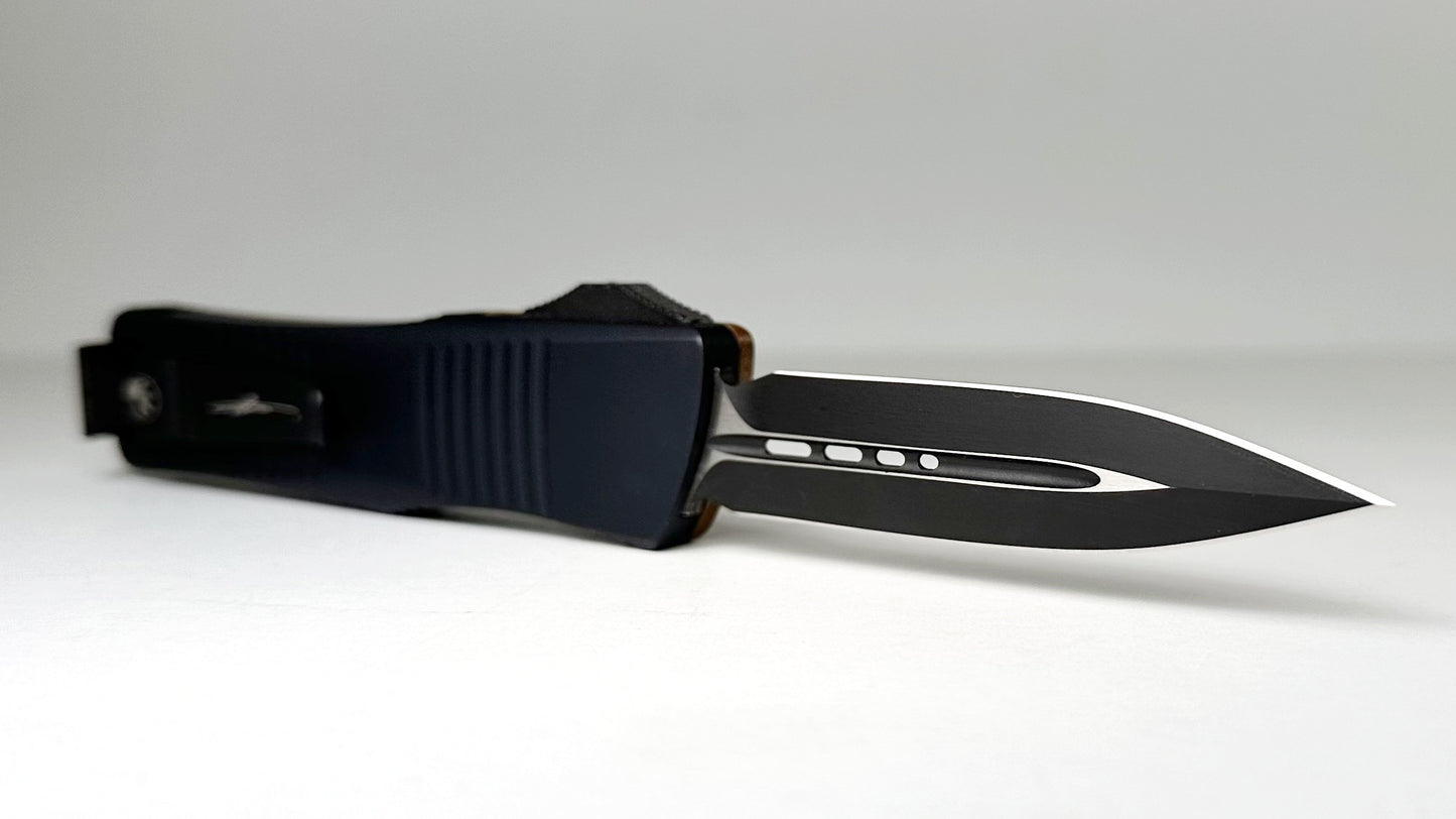 Microtech Troodon OTF Signature Series 138-1CPS Pre-Owned LNIB S/N 046 - Copper Top & Black Aluminum Bottom Handle Scales - Black CTS-204P Double Edge Blade | Made in USA