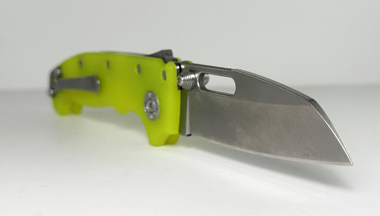 Demko Knives MG AD20S Pre-Owned Day Glow - Stonewash 3.6" CPM-S45VN Slotted Shark Foot Blade & Day-Glow G-10 Handle Scales - Shark Lock Folder w/ Dual Studs | Made in USA