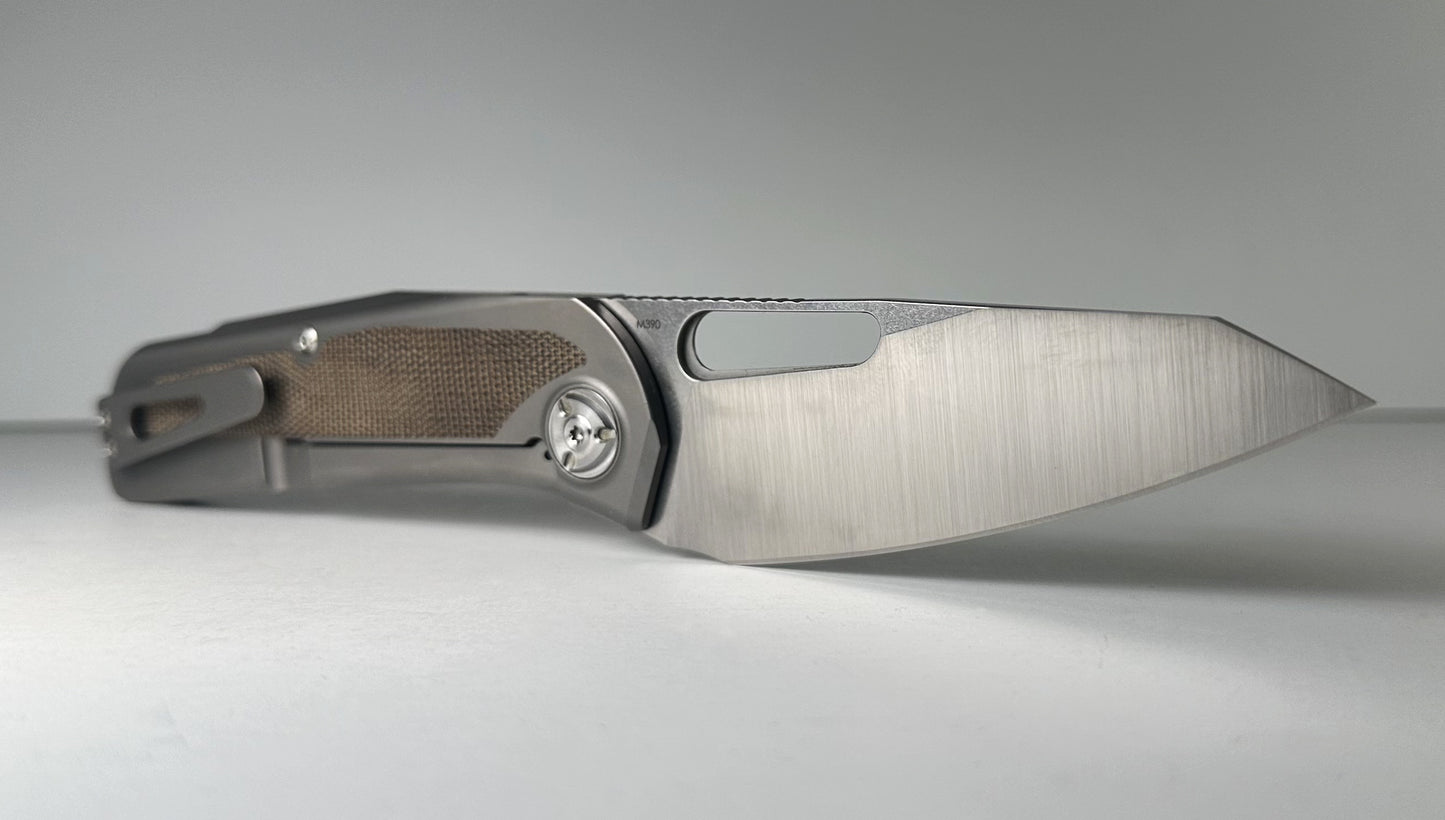 Liong Mah Kuf v2 Pre-Owned NO BOX - Satin 3.5" Bohler M390 Modified Blade & 3D Titanium Handle w/ Green Canvas Micarta Inlays - Frame Lock Folder w/ Blade Hole & Flipper | Made in China